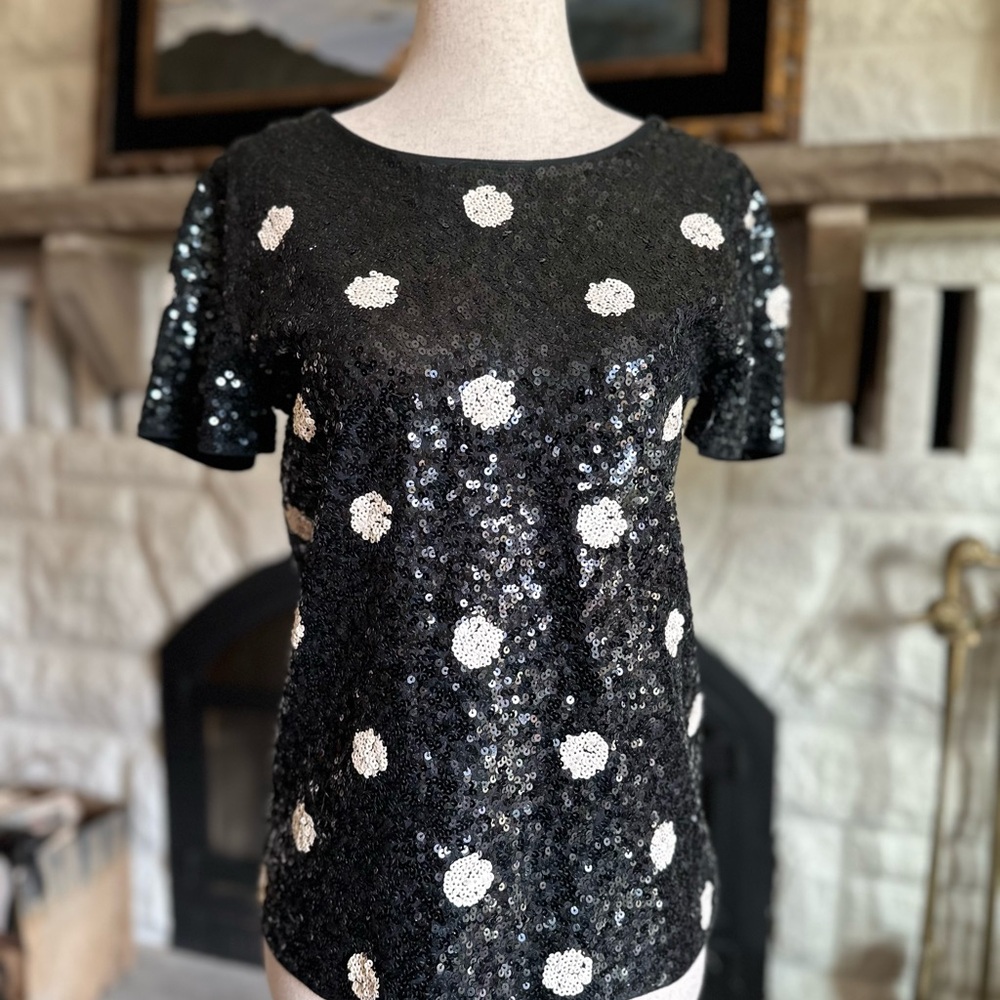 J. Crew Black and White Sequin Polka Dot Tee